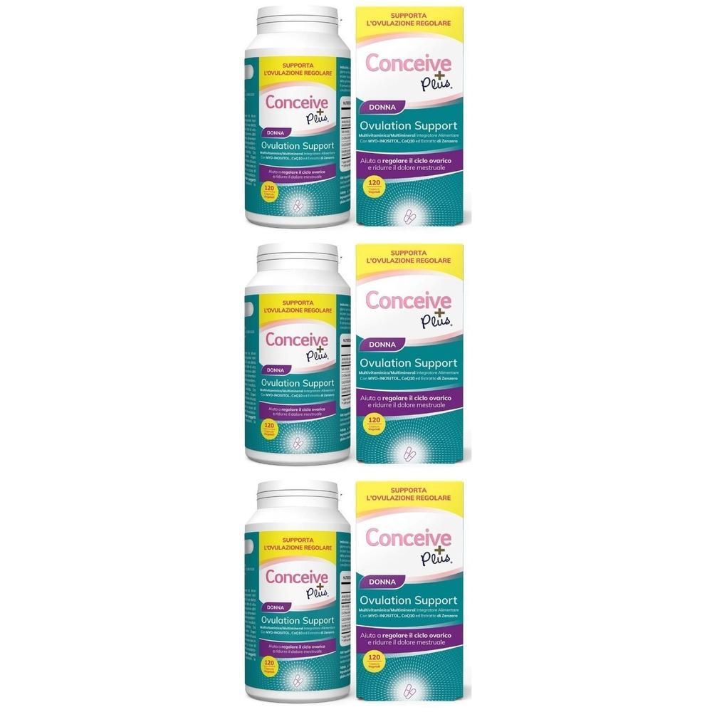 Tre confezioni di capsule Conceive Plus Ovulation Support per donne.