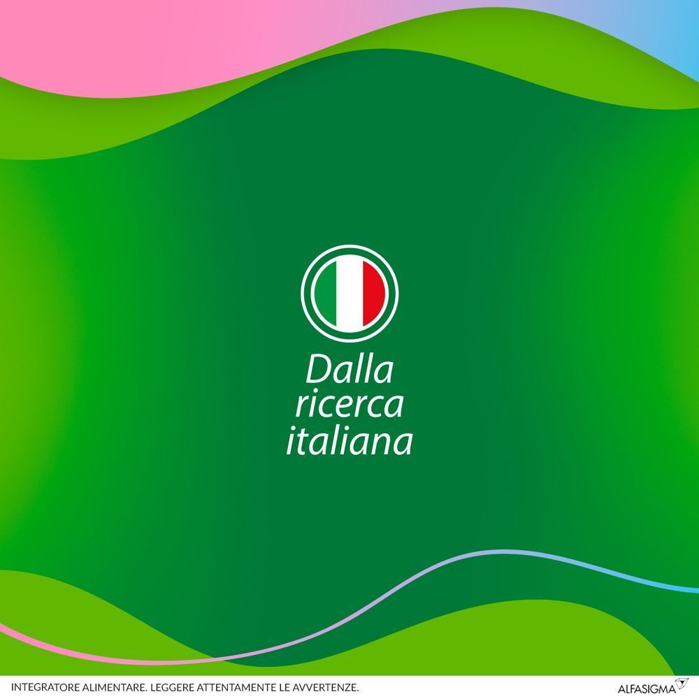 Bandiera italiana e testo "Dalla ricerca italiana" su sfondo verde.