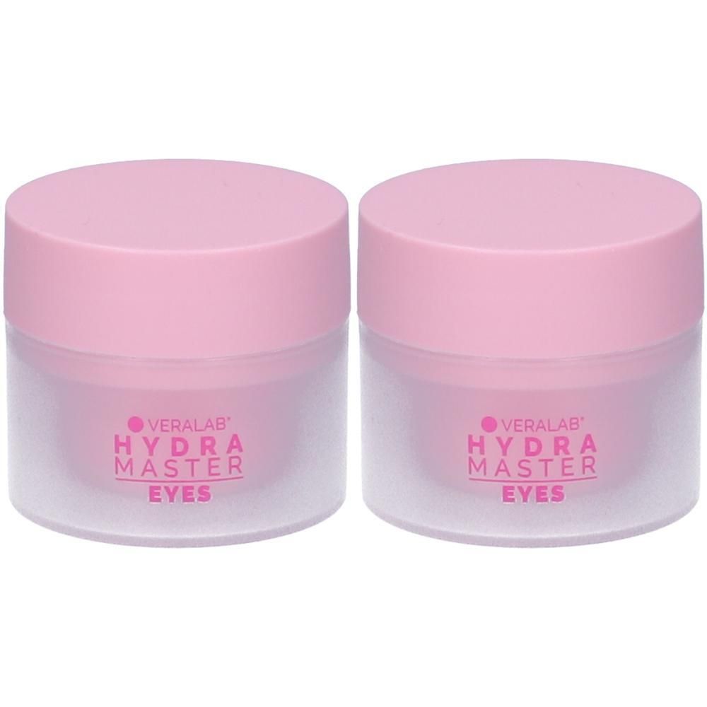 Due vasetti di crema contorno occhi Veralab Hydra Master con tappi rosa e contenitori traslucidi.