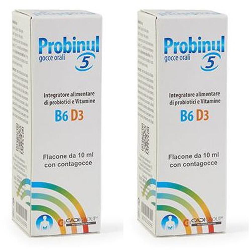 Probinul 5 Gocce orali B6 D3, integratore alimentare probiotici e vitamine, flacone da 10 ml con contagocce.