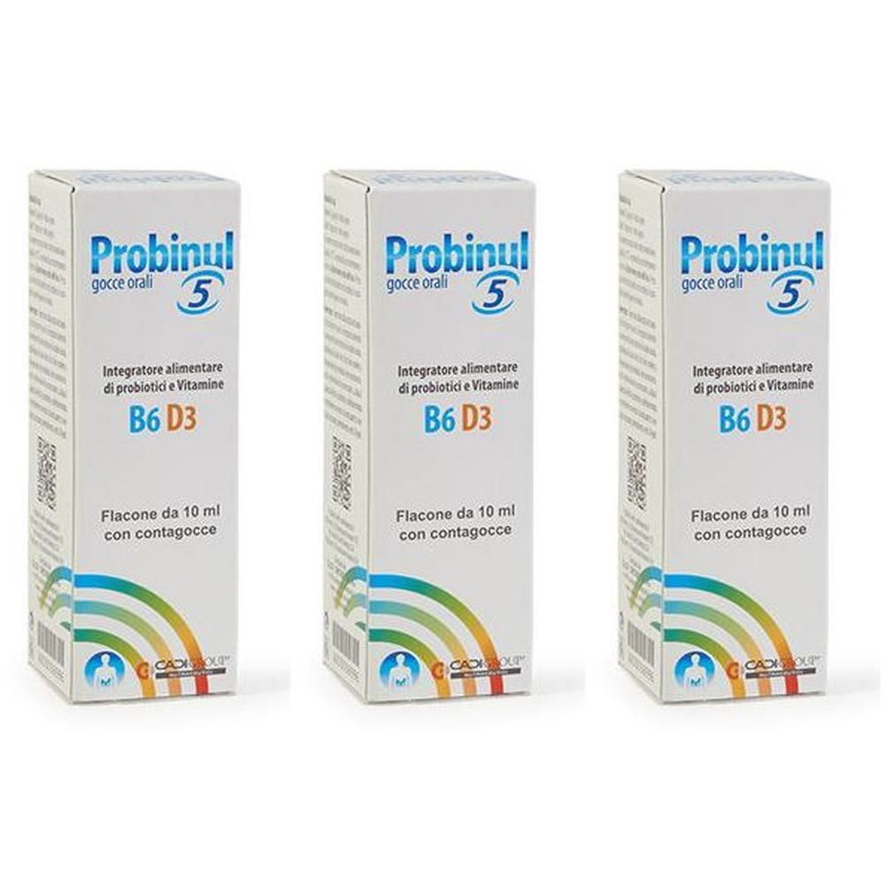 Tre scatole di Probinul 5 Gocce orali, integratore alimentare probiotici e vitamine B6 D3.