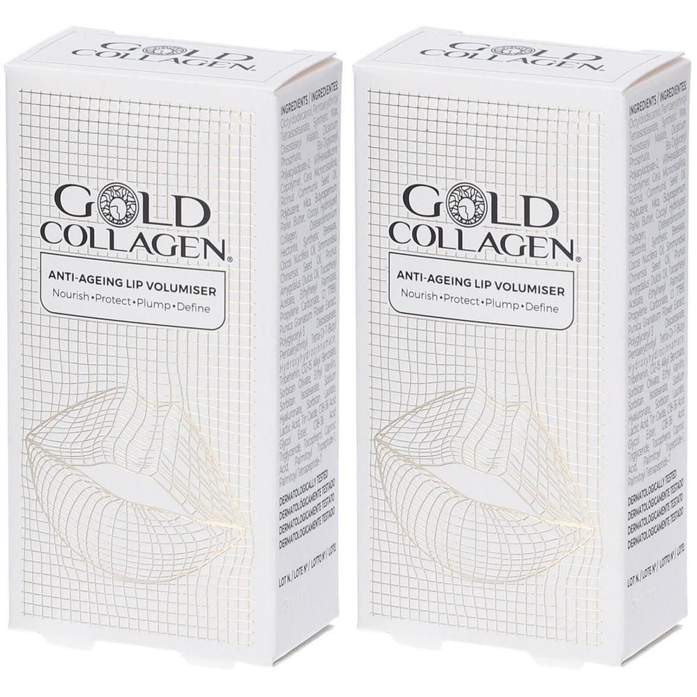 Due scatole di Gold Collagen Anti-Ageing Lip Volumiser con illustrazione di labbra.