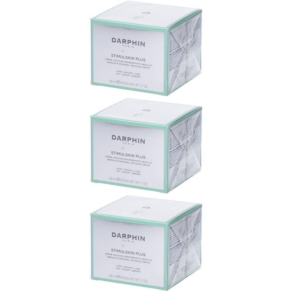 Tre vasetti Darphin Stimulskin Plus di crema. Confezione bianca e verde.
