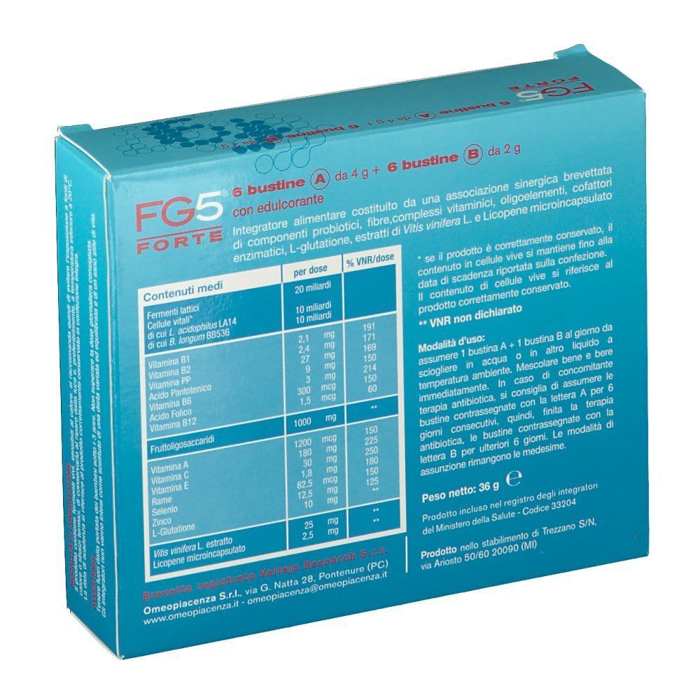 Retro di una confezione FG5 Forte Bustine con tabella nutrizionale e informazioni prodotto su scatola blu.