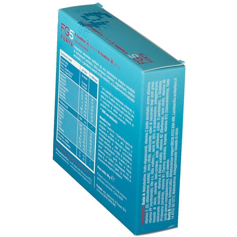 Vista laterale di una confezione FG5 Forte Bustine con dettagliate informazioni prodotto e tabella nutrizionale su scatola blu.