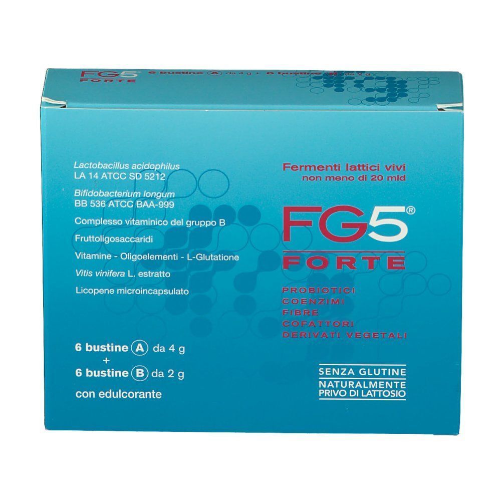 Fronte di una confezione FG5 Forte Bustine, scatola blu in cartone con nome prodotto e ingredienti.