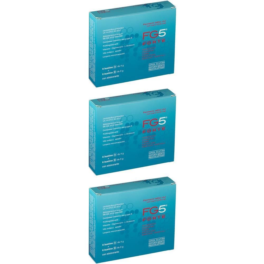 Tre scatole di FG5 Forte Bustine, blu con scritta rossa. Ogni scatola contiene 6 bustine.