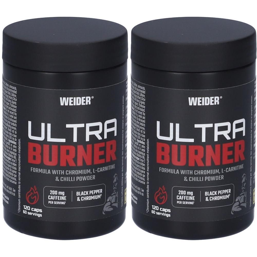 Due barattoli di Weider Ultra Burner, ciascuno da 120 capsule. Contenitori neri con scritte rosse e bianche.