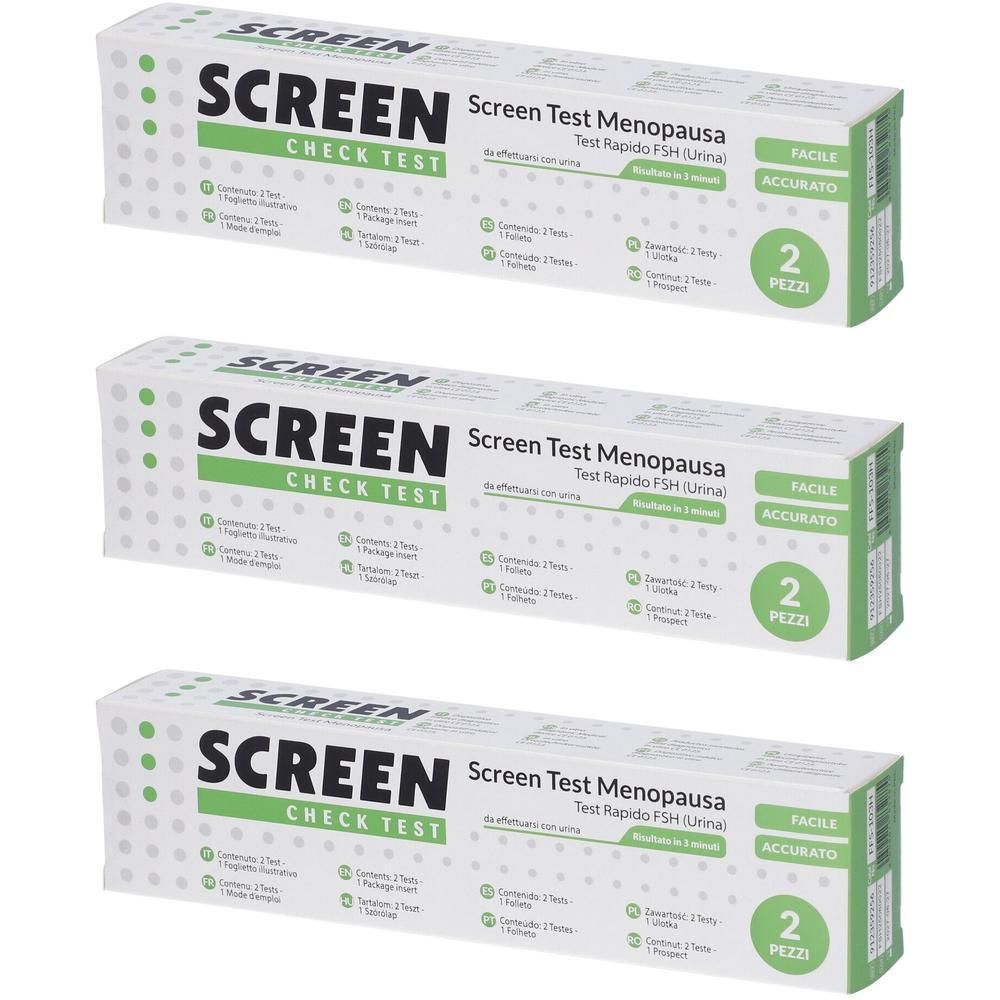 Tre confezioni di Screen Check Test Menopausa, un test urinario rapido per la menopausa.