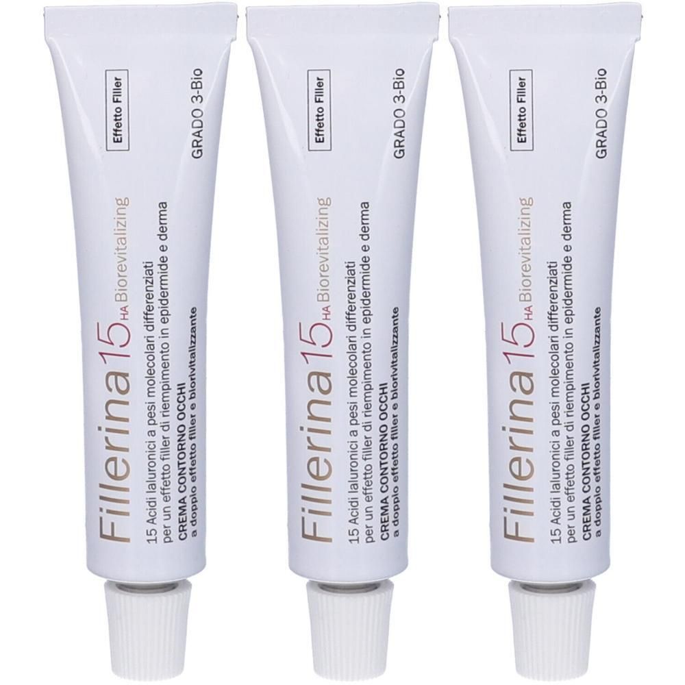 Tre tubetti di Fillerina 15 HA Biorevitalizing Crema Contorno Occhi, Grado 3 Bio.
