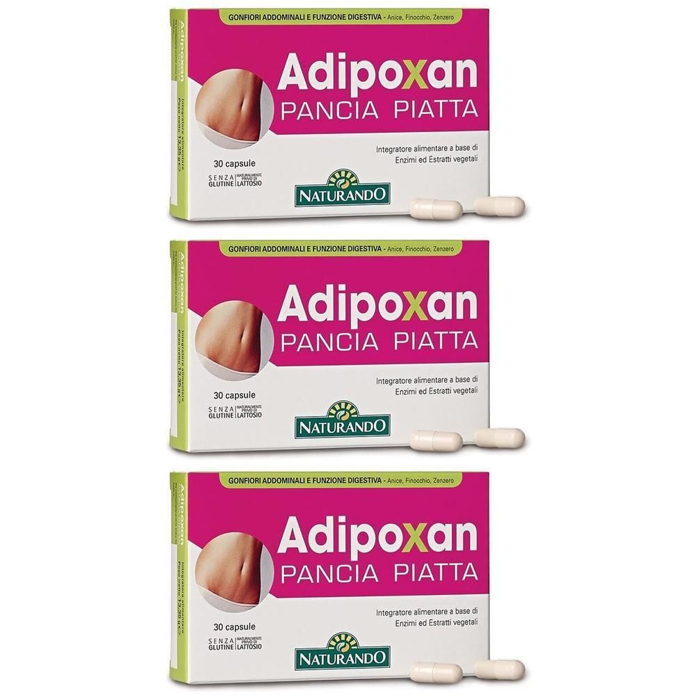 Tre confezioni di Adipoxan Pancia Piatta da 30 capsule ciascuna, con logo Naturando.