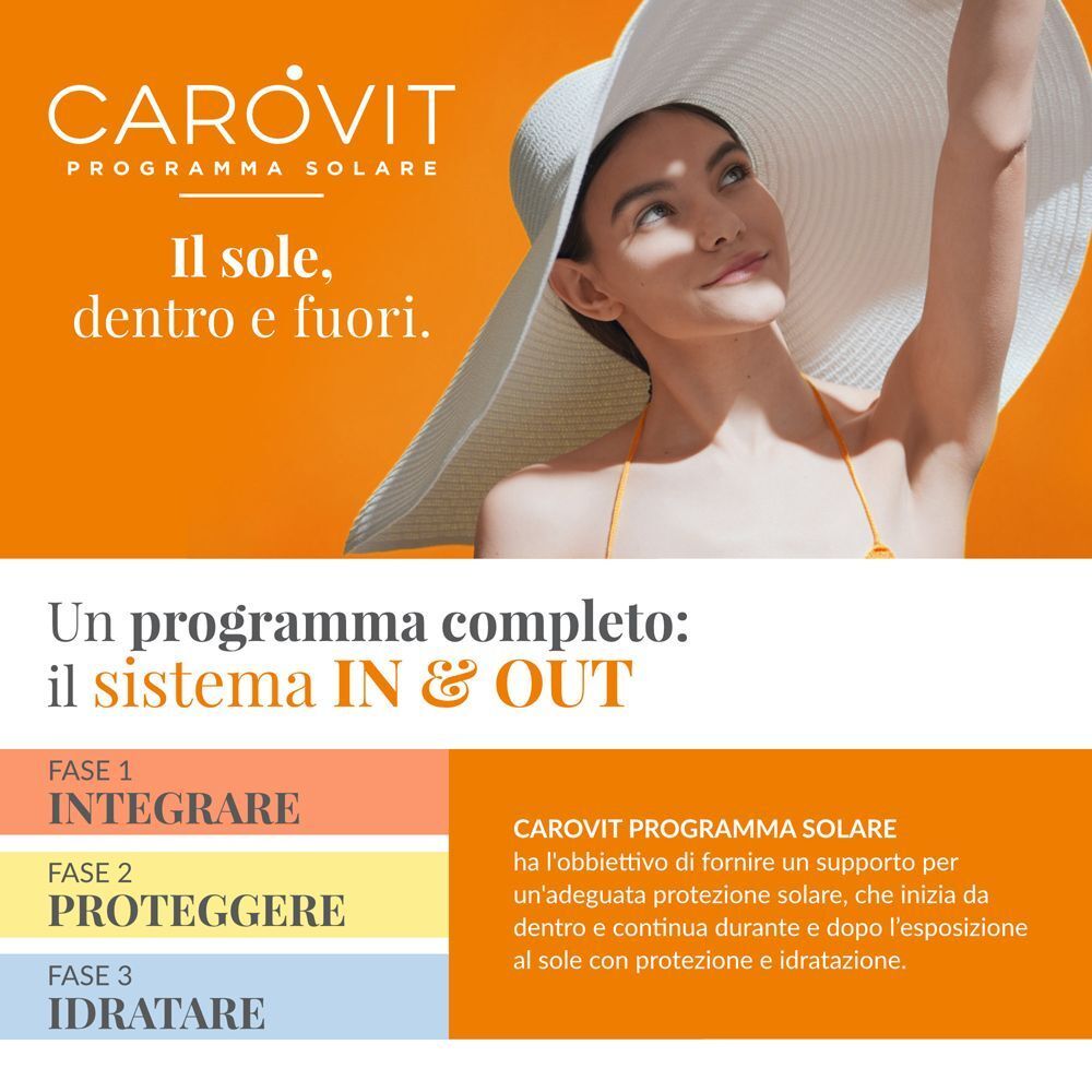 Donna con cappello gode del sole. CAROVIT 'Il sole, dentro e fuori.' e il sistema IN & OUT.