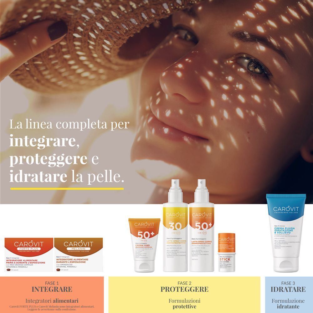 Prodotti solari CAROVIT: integratori, protezioni solari, crema idratante.