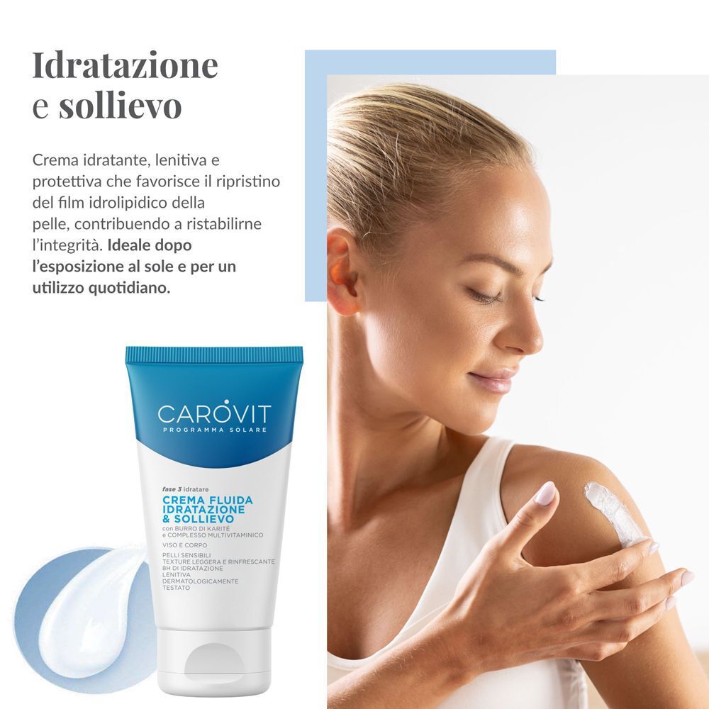 Una donna applica la crema solare CAROVIT sulla spalla.