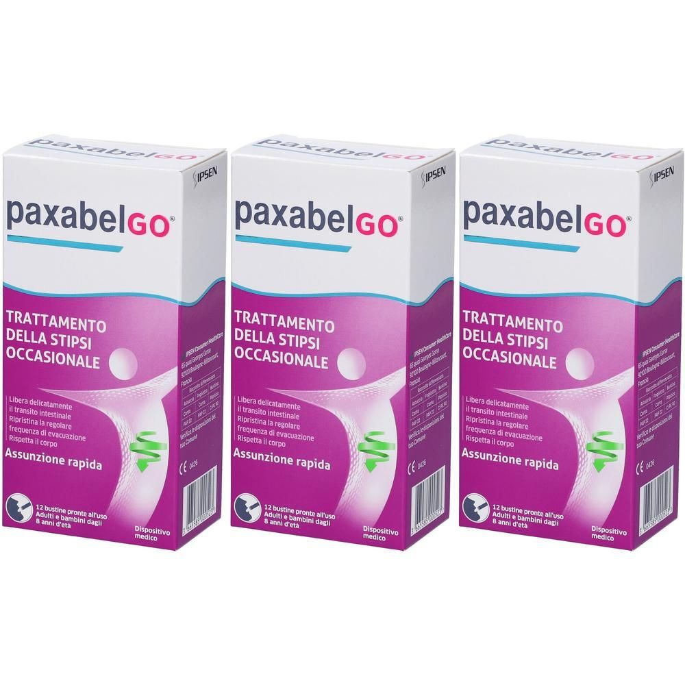 Tre confezioni di PaxabelGO Bustine per il trattamento della stipsi occasionale. Dispositivo medico.