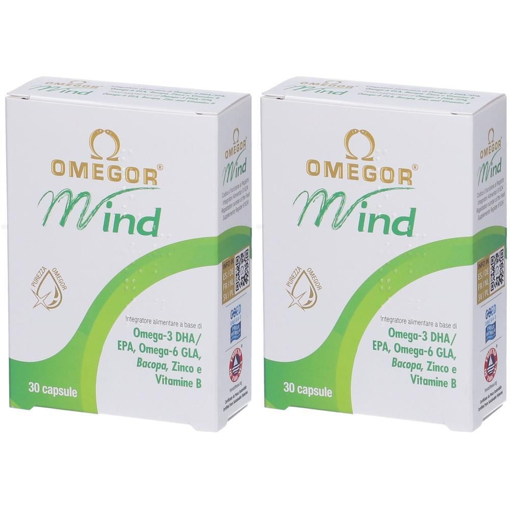 Due confezioni di OMEGOR Mind, ciascuna da 30 capsule. Contiene Omega-3 DHA/EPA, Omega-6 GLA, Bacopa, Zinco e Vitamina B.