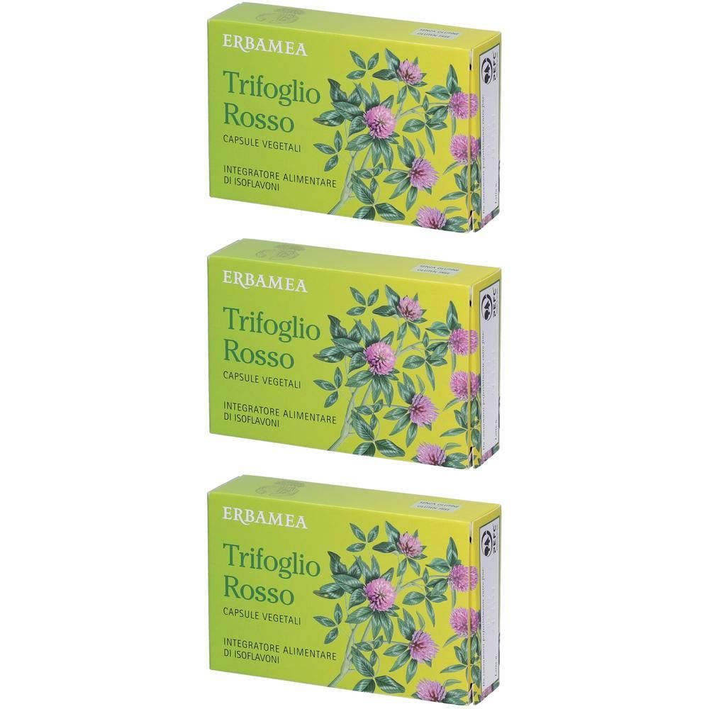 Tre confezioni di capsule vegetali Erbamea Trifoglio Rosso con motivo di trifoglio rosso.