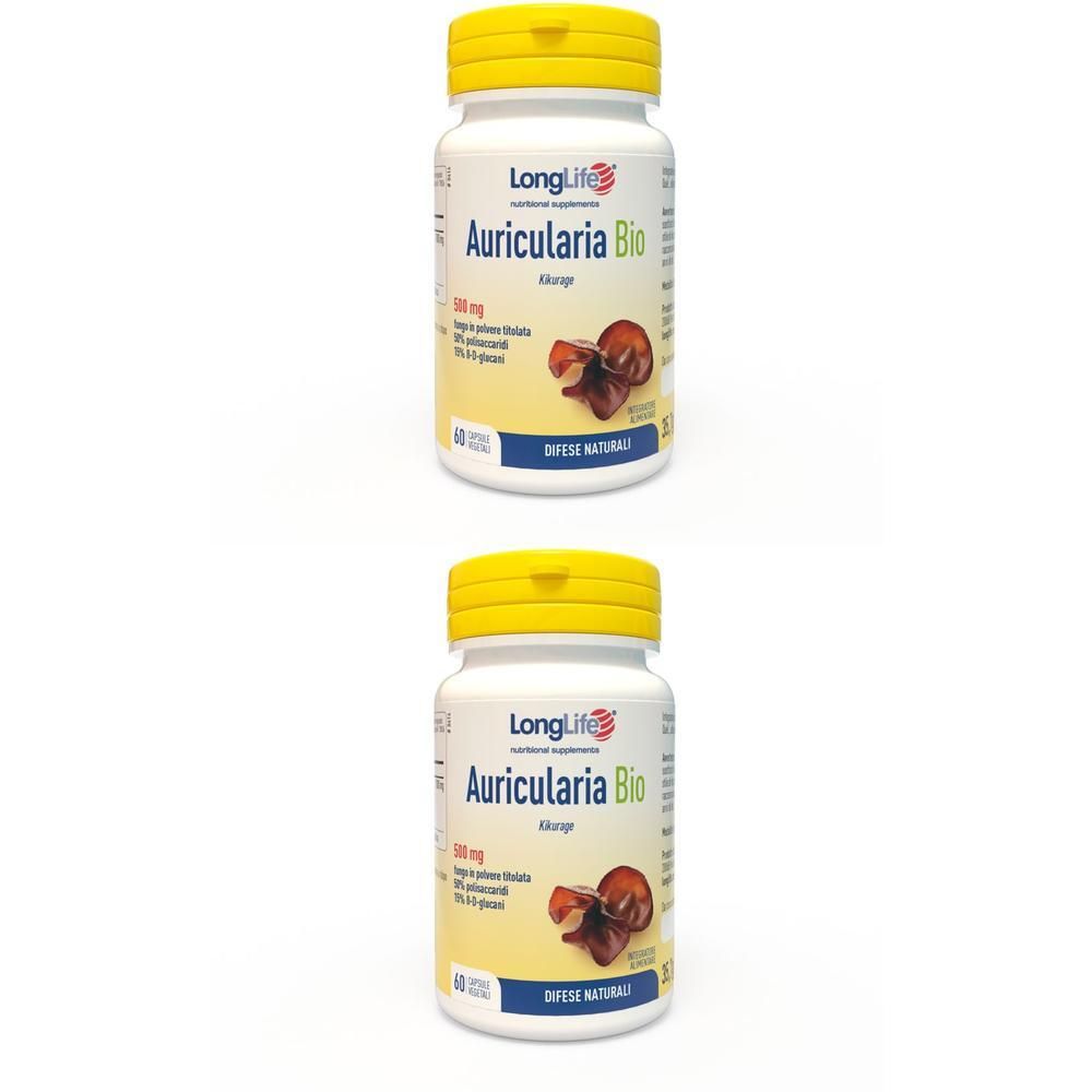 Due flaconi di integratori LongLife Auricularia Bio con tappi gialli.