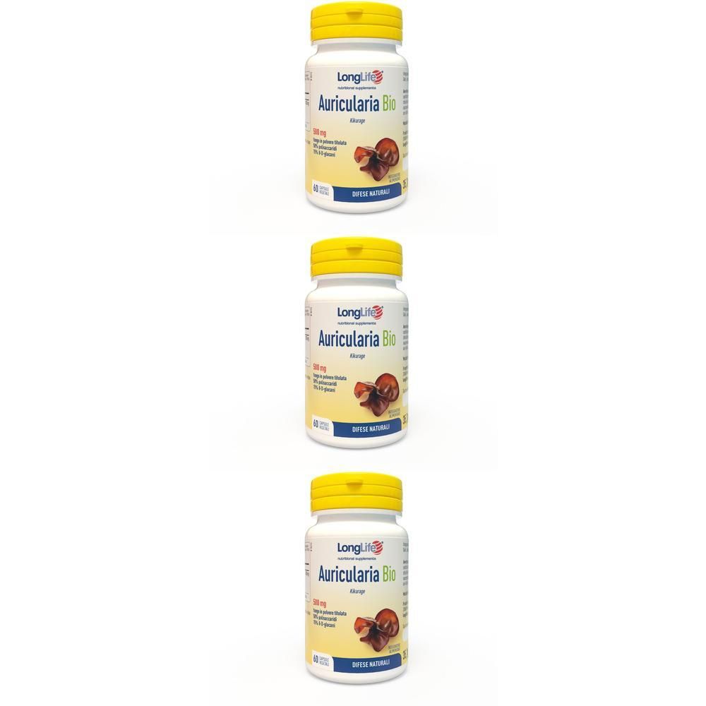 Tre flaconi di Longlife Auricularia Bio con tappi gialli. Ogni flacone contiene 60 capsule.