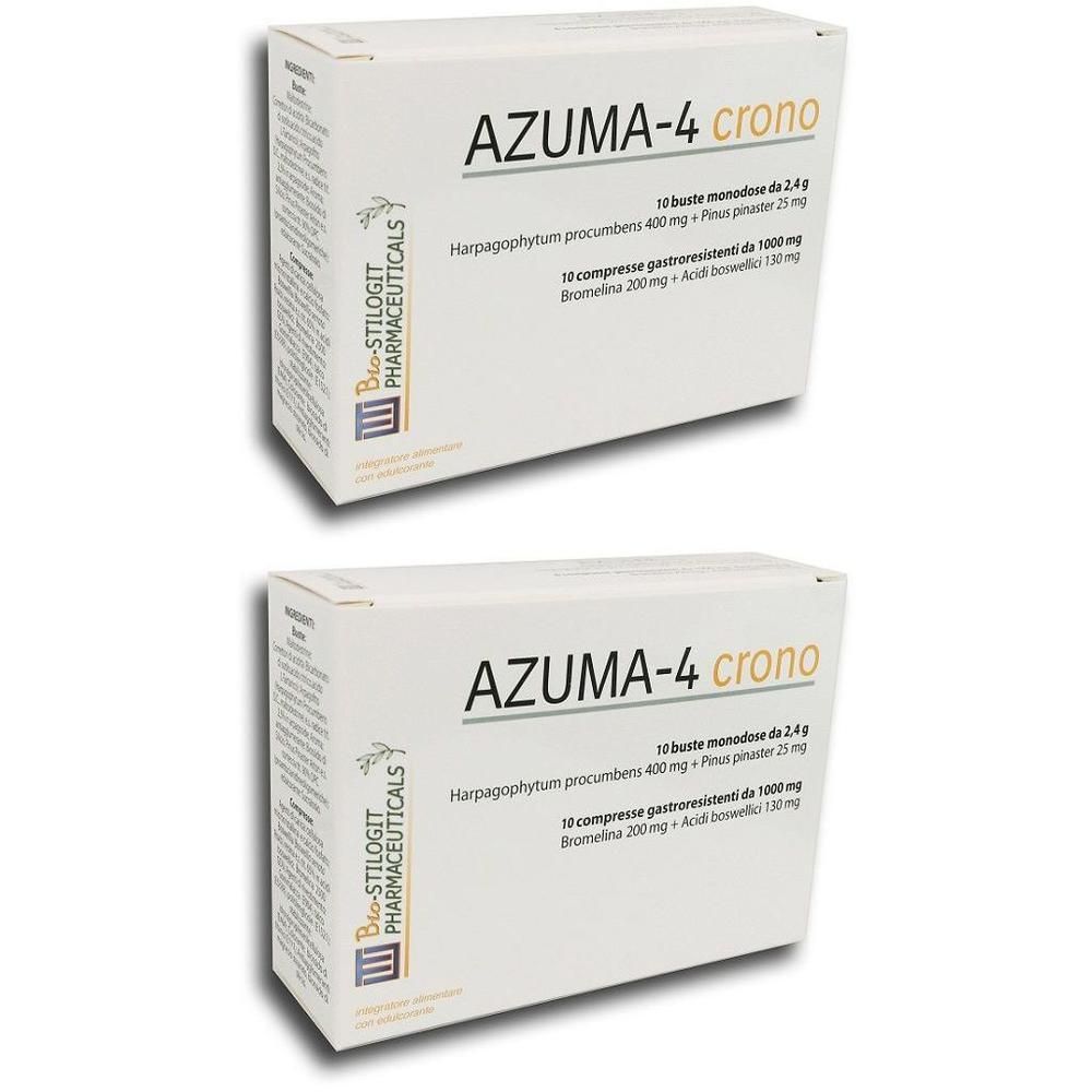 Due confezioni Azuma-4 Crono da 10 bustine ciascuna. Contiene Harpagophytum procumbens e Pinus pinea.