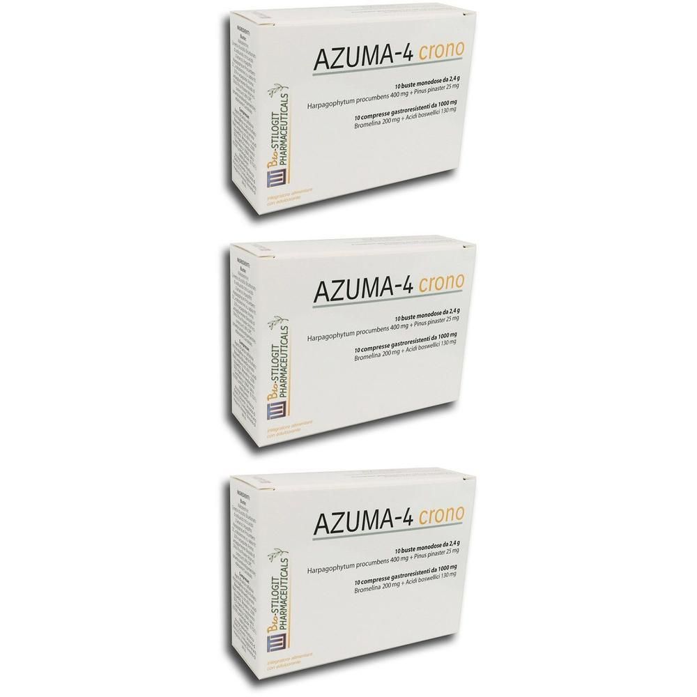 Tre confezioni Azuma-4 Crono da 10 bustine ciascuna. Contiene Harpagophytum procumbens 400mg e Ribes nigrum 20mg.