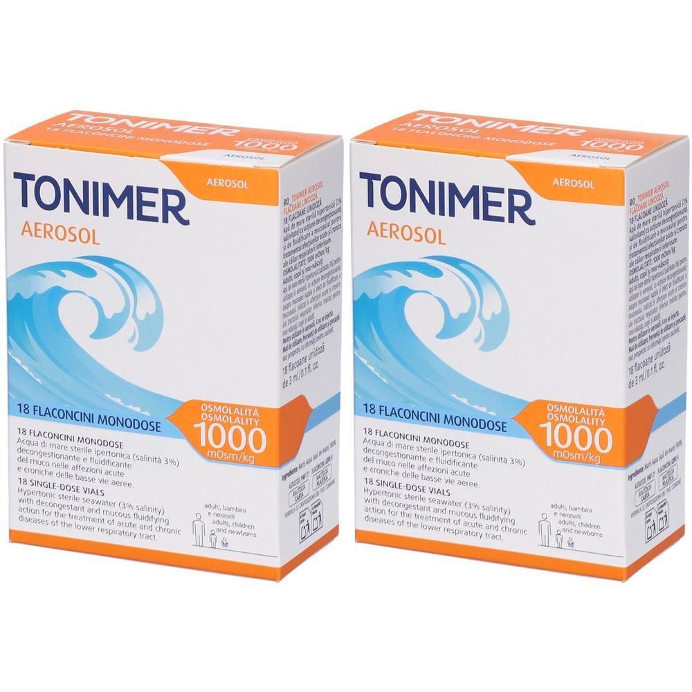 Due confezioni di Tonimer Aerosol, ciascuna con 18 flaconcini monodose. Onda blu su scatola bianca.