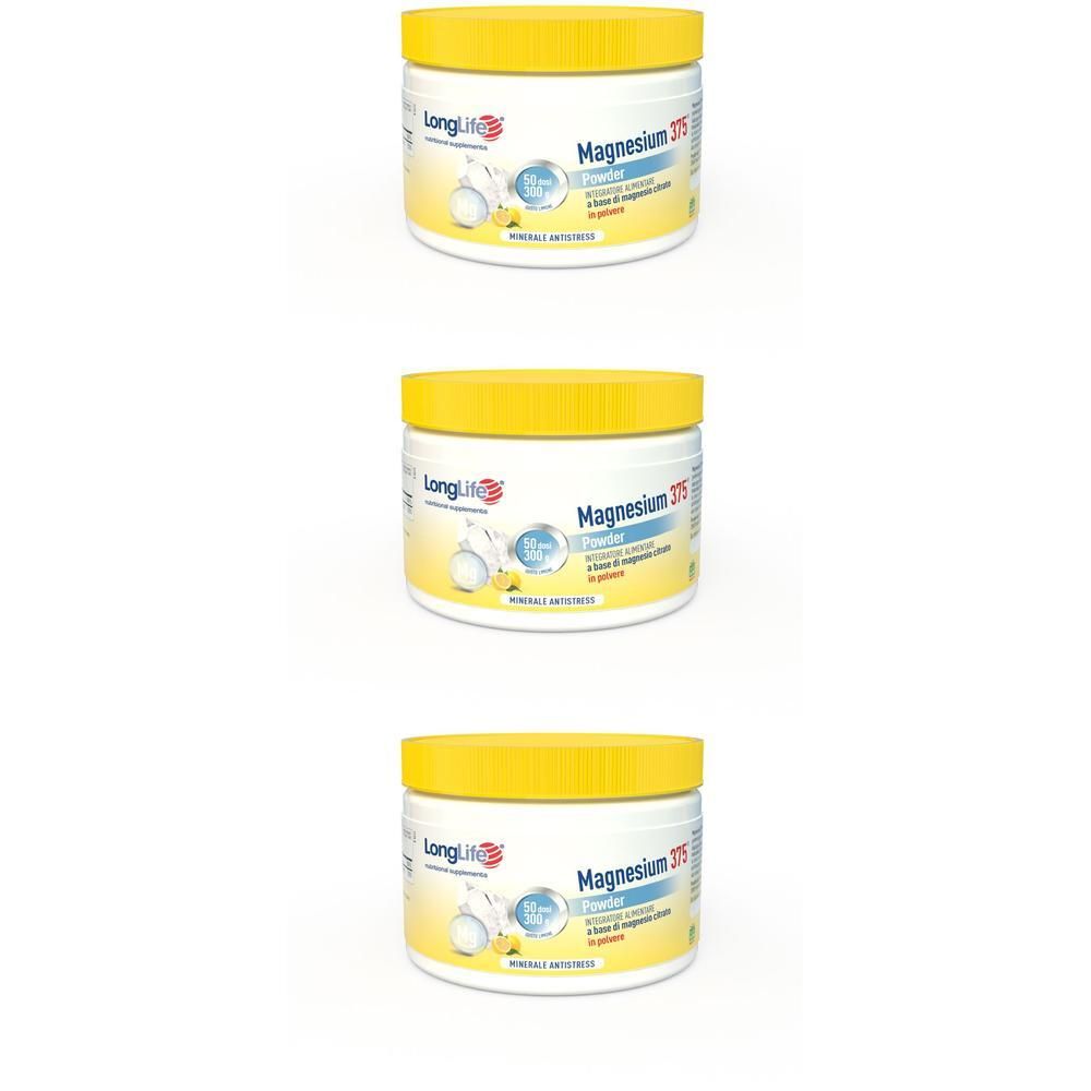 Longlife Magnesio 375 Polvere in contenitore bianco con tappo giallo.