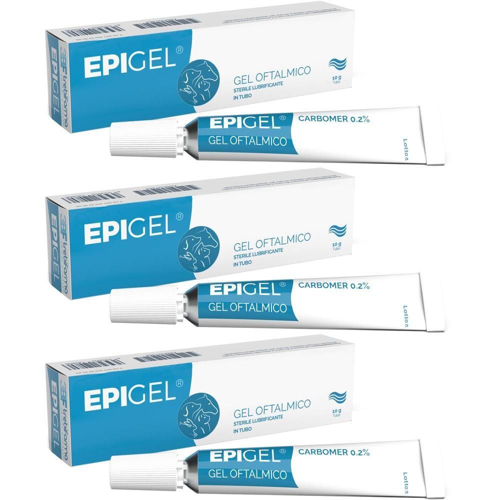 Tre tubetti di Epigel gel oftalmico, ciascuno in un astuccio.
