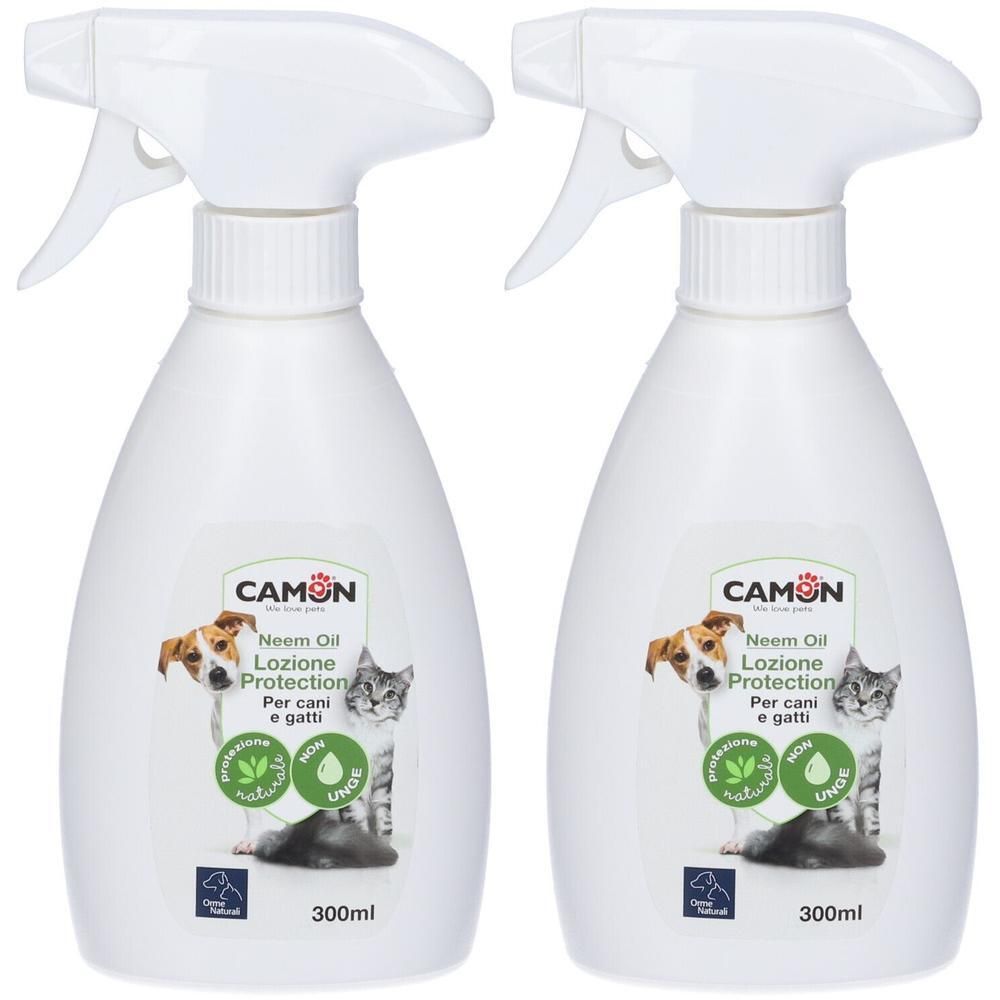 Due flaconi spray bianchi con Lozione Olio di Neem Camon per cani e gatti.