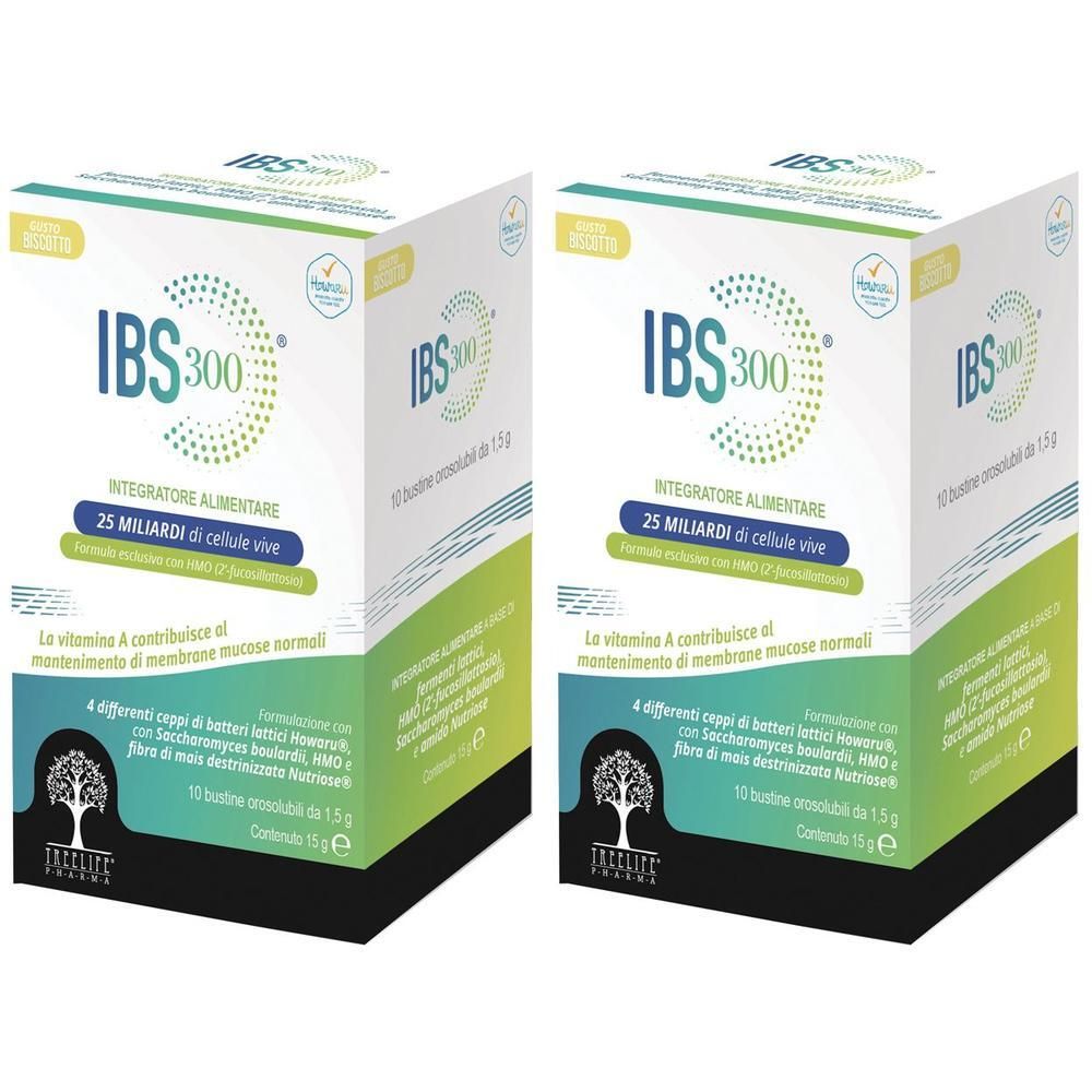 Due confezioni di bustine IBS 300 Orosolubili. Contiene 25 miliardi di cellule vive.