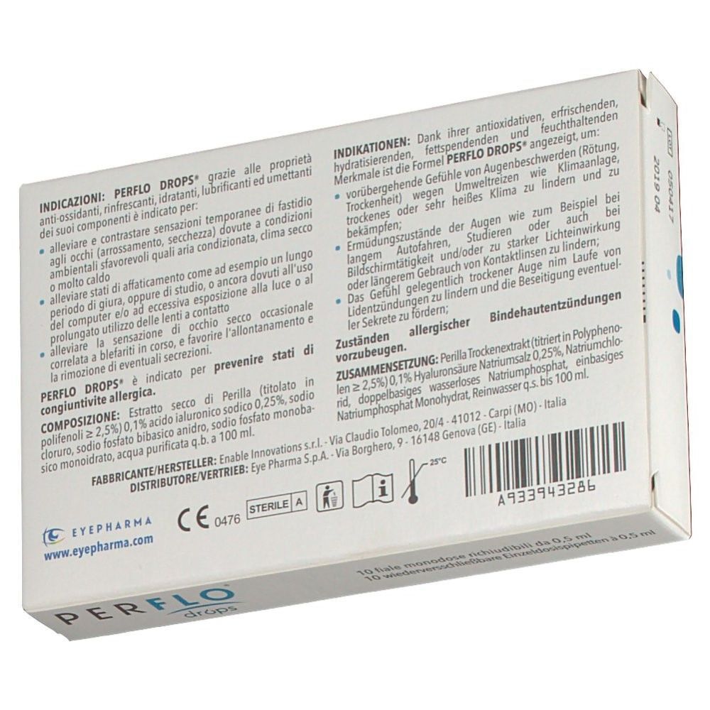 Scatola di collirio Perflo Drops, retro con informazioni sul prodotto.