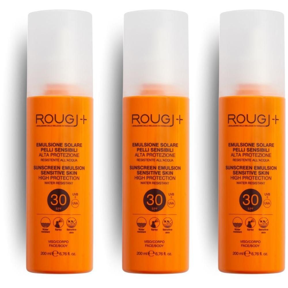 Tre flaconi di Rougj Protezione Solare SPF 30 per pelli sensibili, 200 ml.