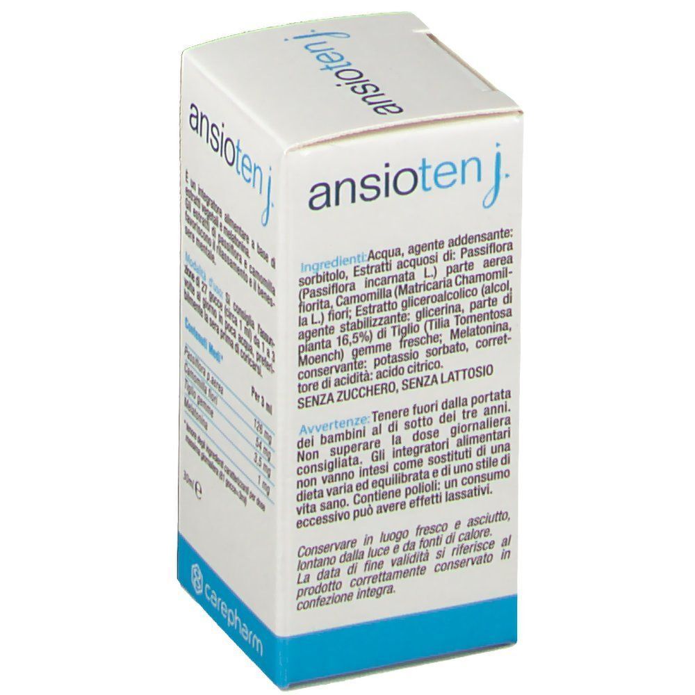Scatola Ansioten Junior, 30ml. Lato con ingredienti dettagliati e avvertenze.