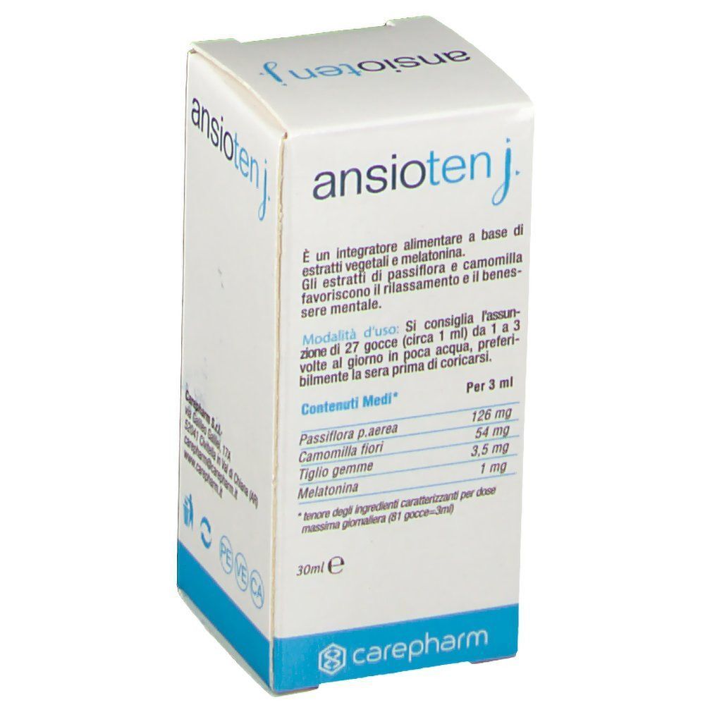 Scatola Ansioten Junior, 30ml. Retro con informazioni sul prodotto, ingredienti e modalità d'uso.