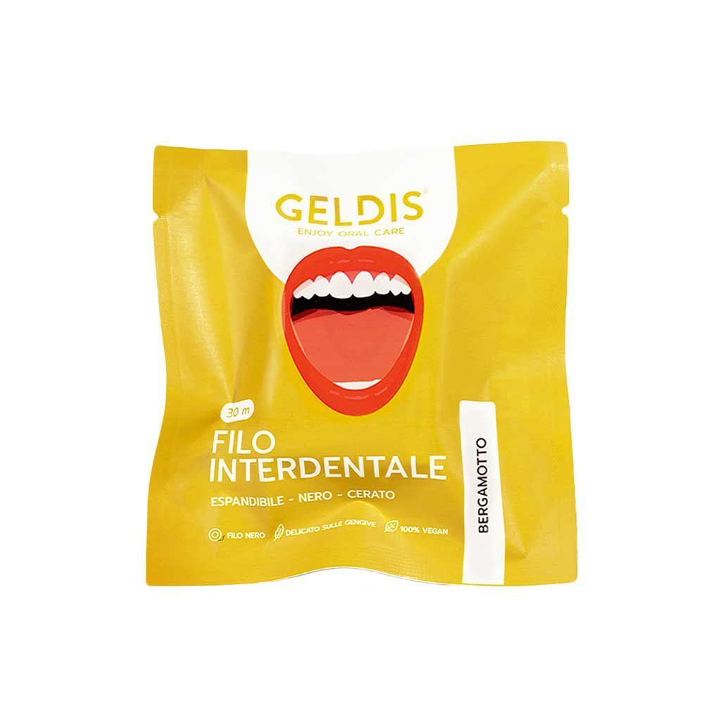 GELDIS Filo interdentale, nero, cerato, 30m, gusto bergamotto.
