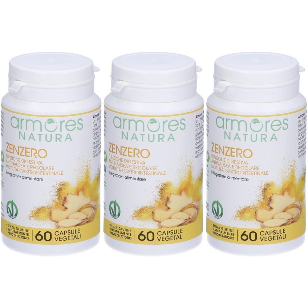 Tre flaconi di Armores Natura Zenzero, 60 capsule vegetali ciascuno. Immagine di zenzero.