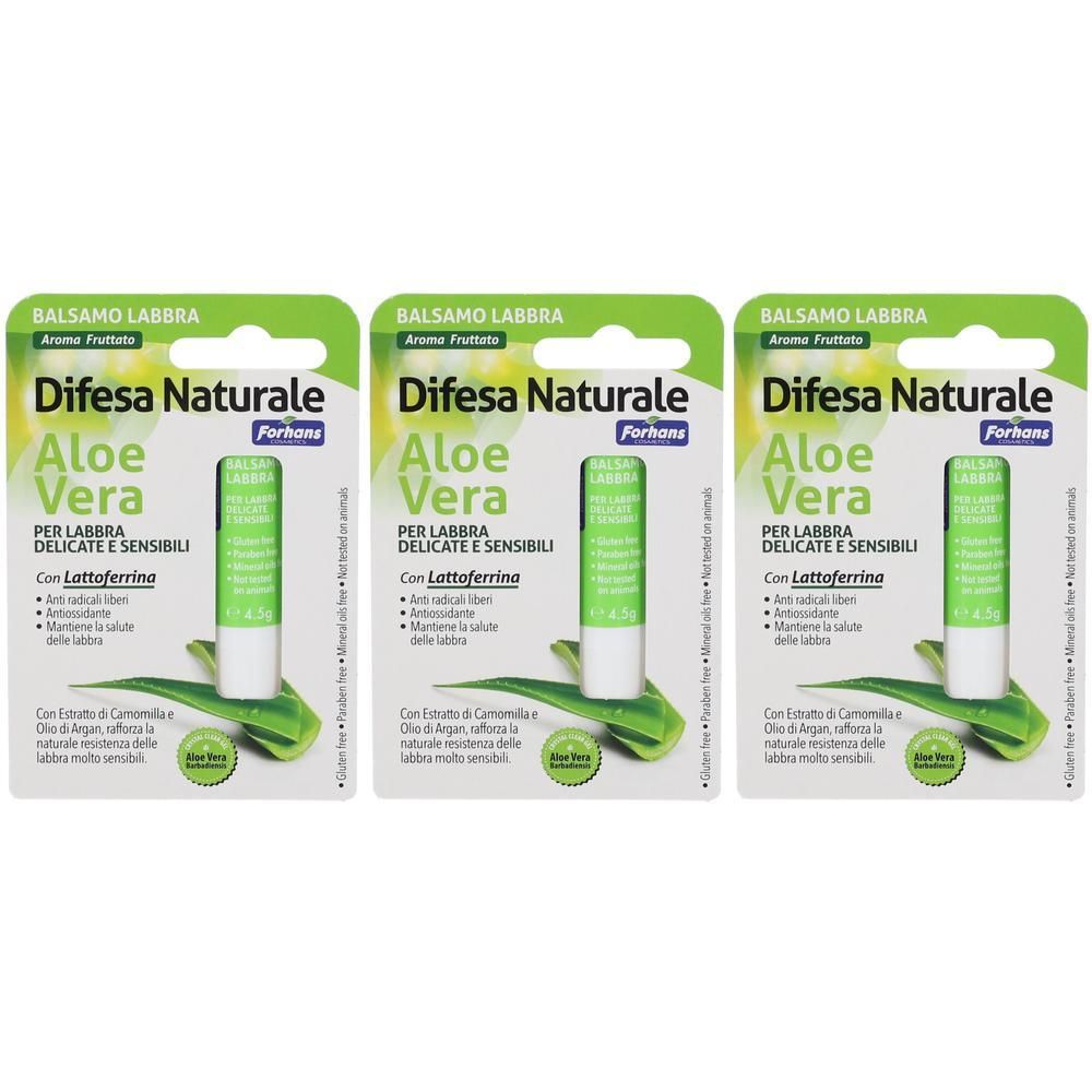 Tre confezioni di balsamo labbra con Aloe Vera e Lattoferrina.