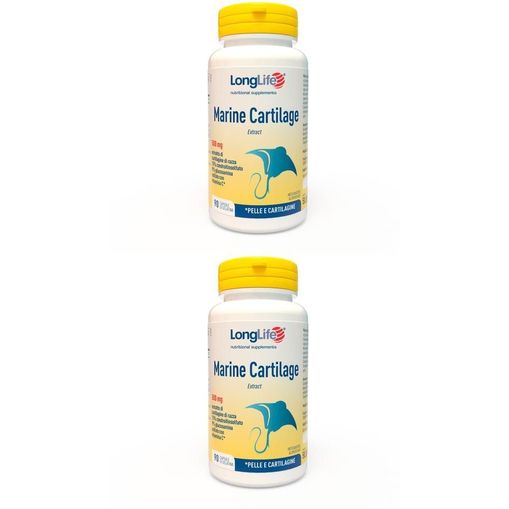 Due flaconi di LongLife Marine Cartilage Estratto con tappi gialli. Contiene 60 capsule.