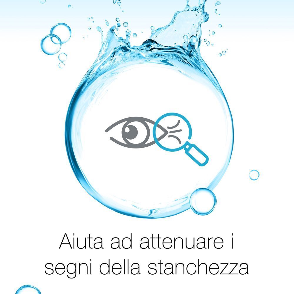 Icona: lente d'ingrandimento esamina un occhio. Testo: Aiuta ad attenuare i segni della stanchezza.
