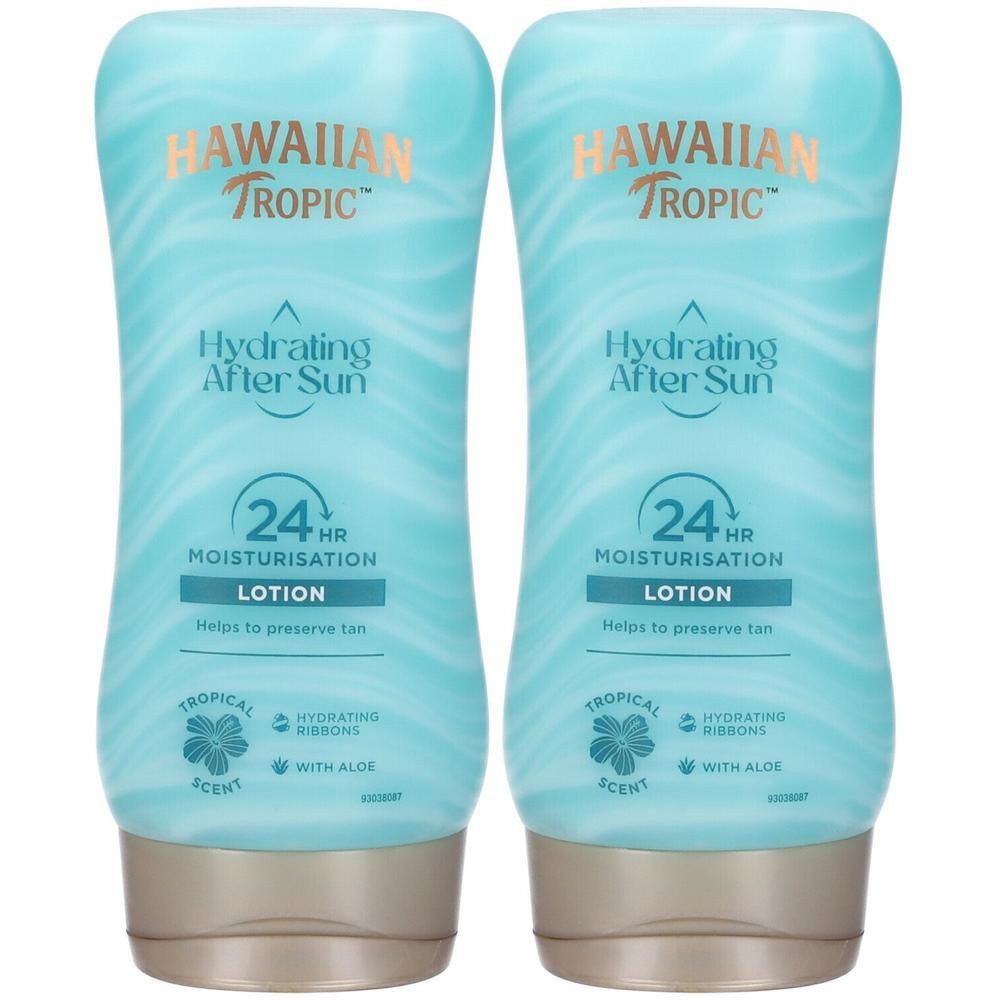 Due flaconi di lozione idratante doposole Hawaiian Tropic con idratazione 24 ore.