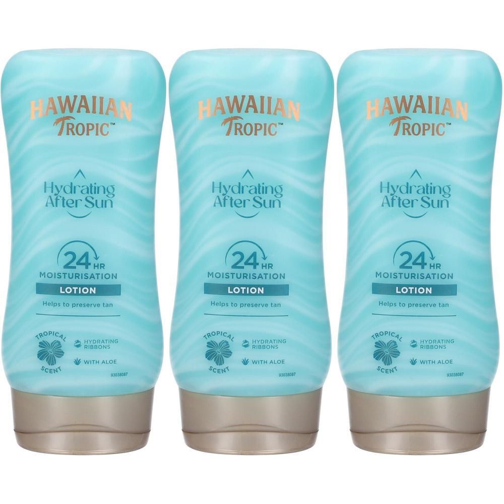 Tre flaconi di lozione doposole Hawaiian Tropic, idratazione 24 ore.