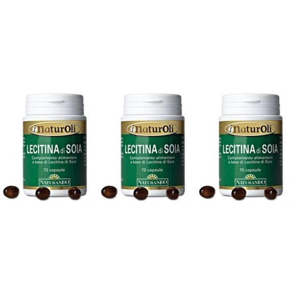 Tre flaconi di Naturoli Lecitina di Soia, 70 capsule per flacone, con alcune capsule davanti.