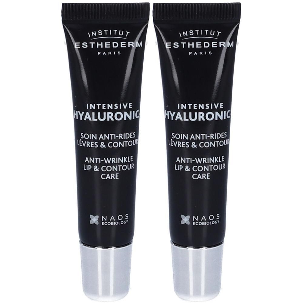 Due tubetti neri con tappi argentati, etichettati 'Institut Esthederm Paris Intensive Hyaluronic'.