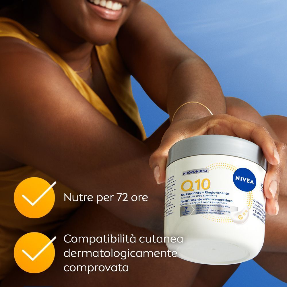 Barattolo di crema corpo Nivea Q10 con simboli per 72 ore di idratazione.