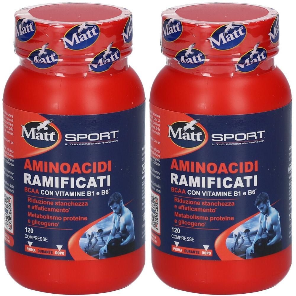 Due contenitori rossi Matt Sport Aminoacidi Ramificati, 120 compresse per contenitore.