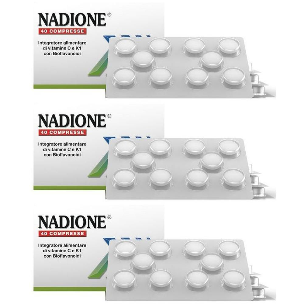 Nadione 40 Compresse: Tre blister di compresse bianche, ogni blister contiene 20 compresse.
