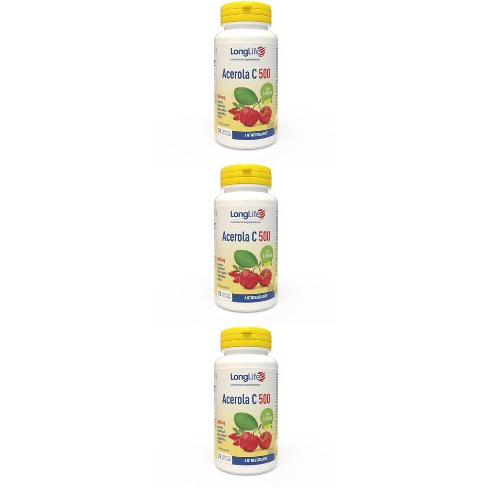 Tre flaconi LongLife Acerola C 500 con tappi gialli e motivo di ciliegie acerola.