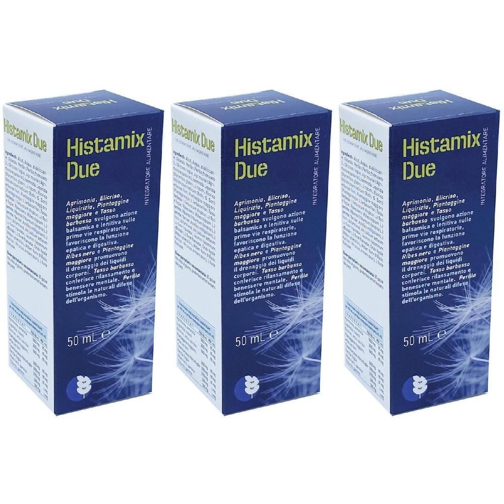 Tre scatole di Histamix Due, 50 ml. Confezione blu con scritte bianche e gialle e motivo a soffione.
