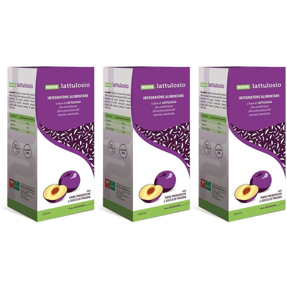 Tre confezioni di NOVA.lattulosio, integratore alimentare con fibre prebiotiche e succo di prugna.