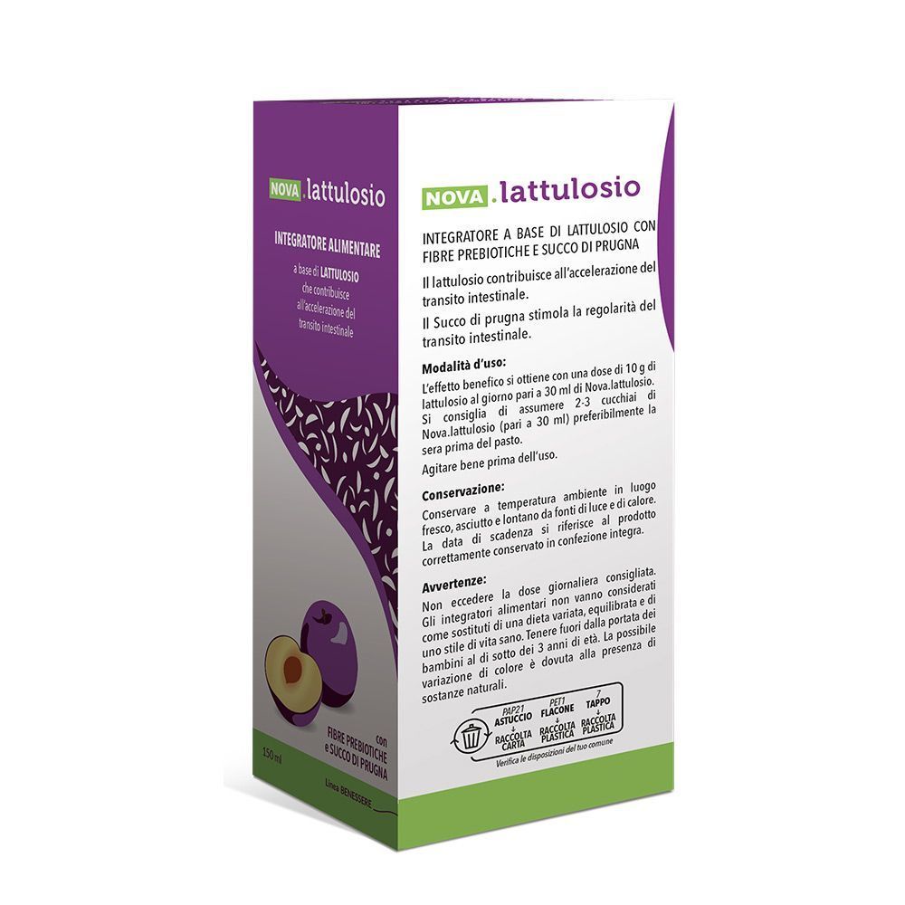 Retro della confezione di NOVA.lattulosio. Contiene informazioni su ingredienti, uso e conservazione. 150 ml.